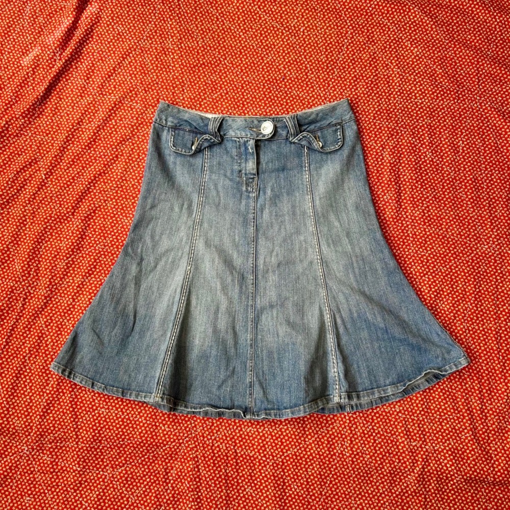 Candies Vintage Y2K Denim Flare Mini Skirt Blue Size 9 Contrast Stitch Boho